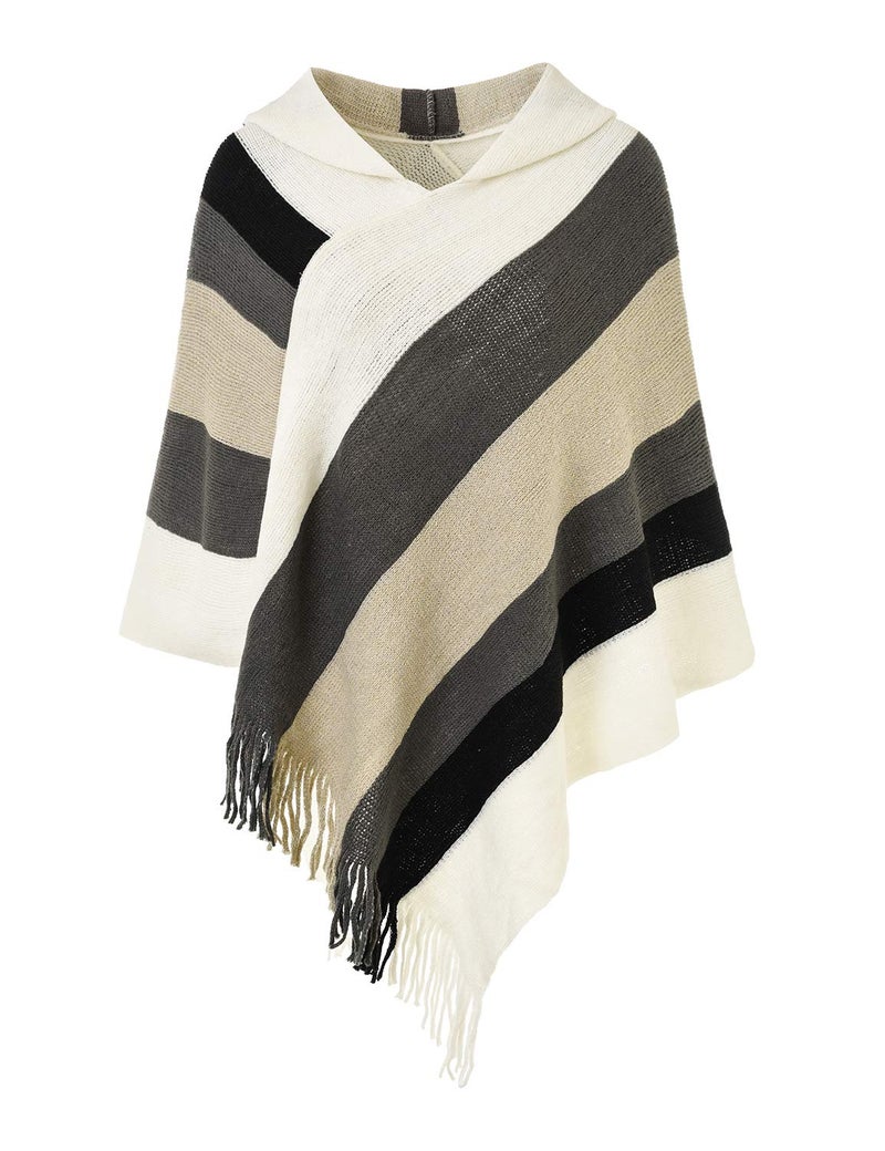 Ferand Women's Striped Poncho Sweater Cozy Knit Fringe Shawl Wraps with Hood for Fall Winter - Image 1